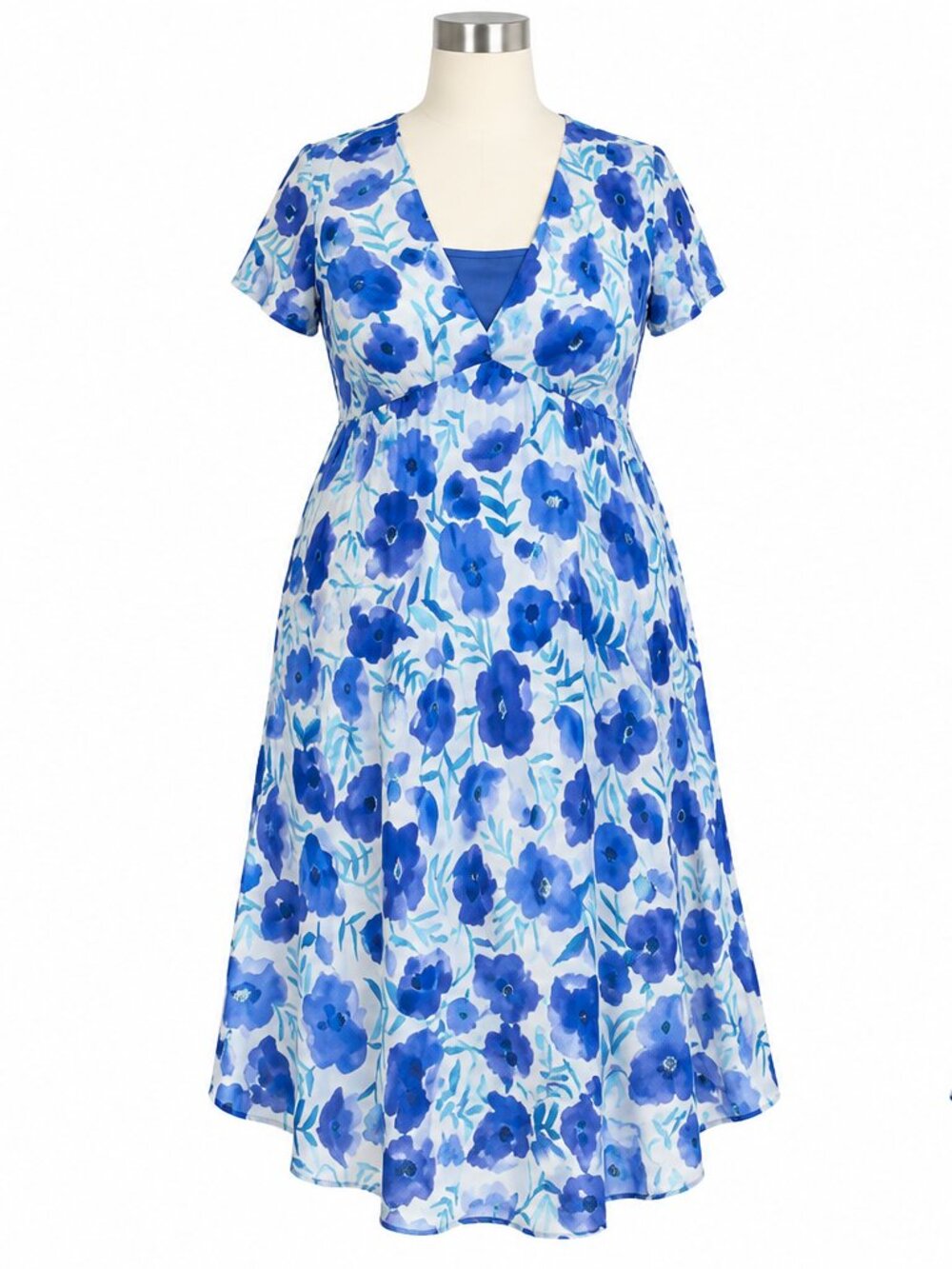 Blue Purple Floral Cotton Midi Dress Empire Waist Sheer XL